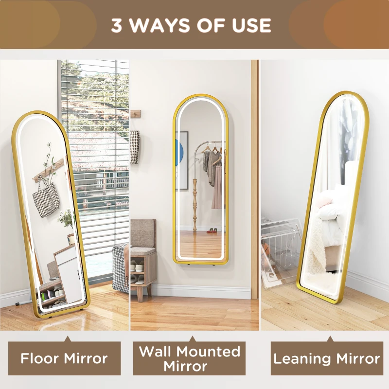 HOMCOM Standing Mirror with LED Lights, 58" x 20" Floor Mirror, Full Body Mirror with Dimmable and 3 Colour Lighting, Gold