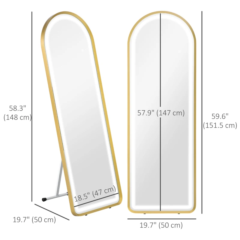 HOMCOM Standing Mirror with LED Lights, 58" x 20" Floor Mirror, Full Body Mirror with Dimmable and 3 Colour Lighting, Gold