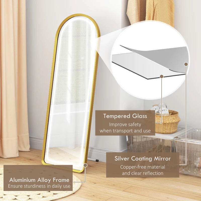 HOMCOM Standing Mirror with LED Lights, 58" x 20" Floor Mirror, Full Body Mirror with Dimmable and 3 Colour Lighting, Gold