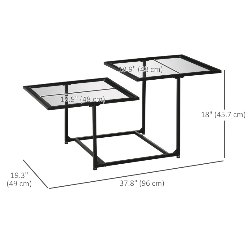 HOMCOM Modern Coffee Table with Tempered Glass Tabletops, 2-Tier Accent Side Table with Metal Frame Adjustable Foot for Living Room, Black