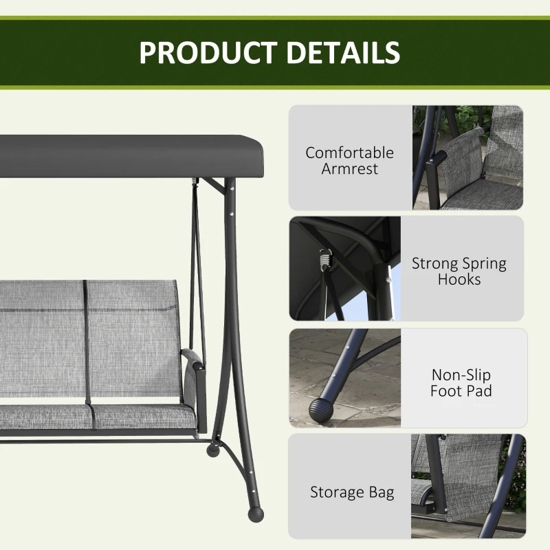 Outsunny 3 Person Outdoor Porch Swing Chair with Adjustable Canopy, Mixed Grey
