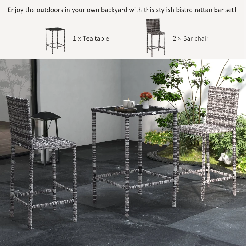 Outsunny 3 Piece Patio Bar Set Wicker Rattan Garden Bistro Set Barstool and Table for Patio Backyard Balcony Poolside, Grey