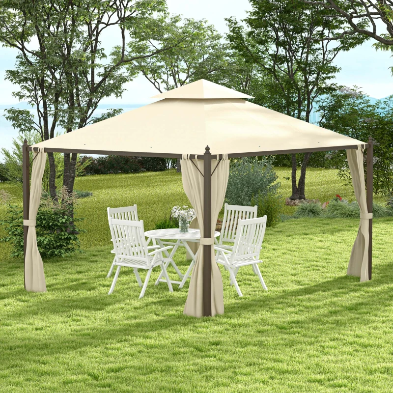 Outsunny 10' x 12' Outdoor Patio Gazebo with Curtains, Two-Tier Roof, Beige