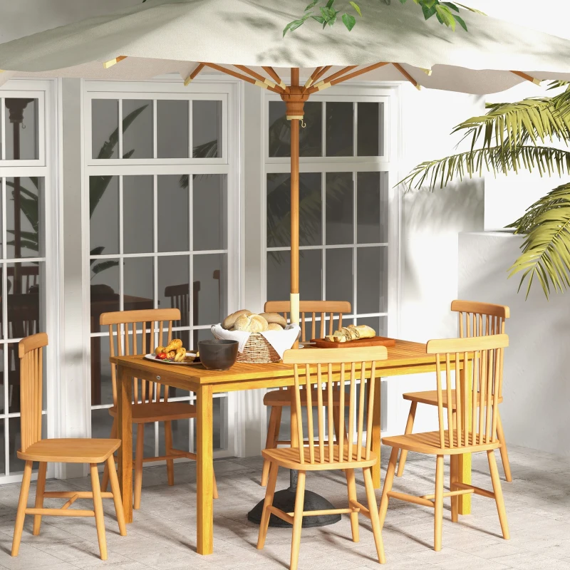 Outsunny Acacia Wood Rectangle Patio Table for 6 People with Umbrella Hole for Backyard and Garden, Natural Wood