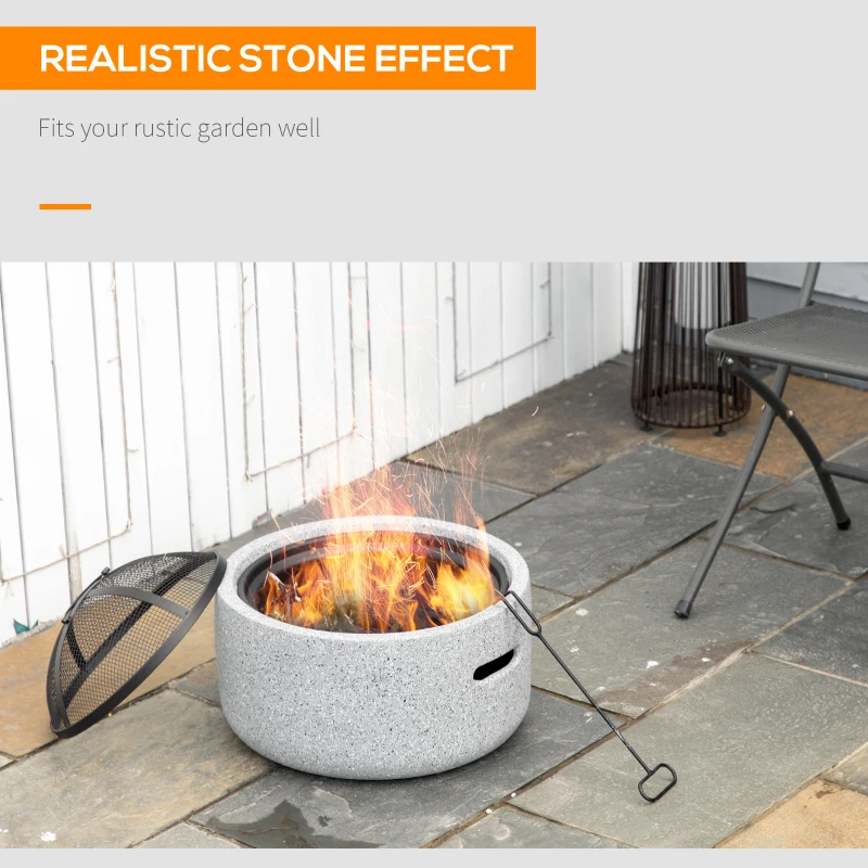 Outsunny 18" Round Outdoor Fire Pit Firepit Fireplace Wood-burning with Spark Screen Poker for Backyard Camping Bonfire, Grey