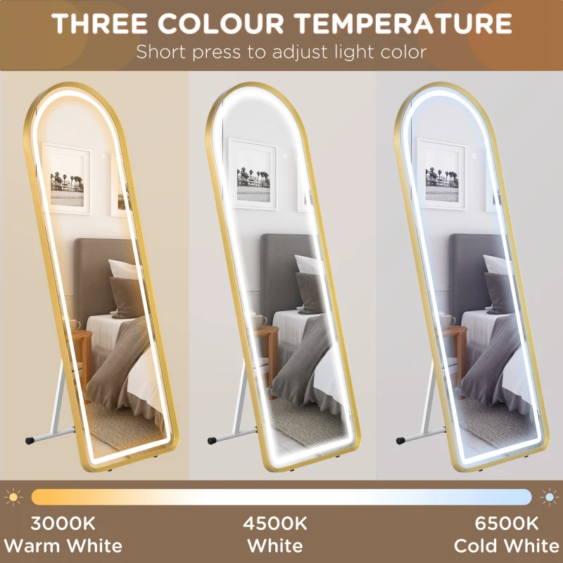 HOMCOM Standing Mirror with LED Lights, 58" x 20" Floor Mirror, Full Body Mirror with Dimmable and 3 Colour Lighting, Gold