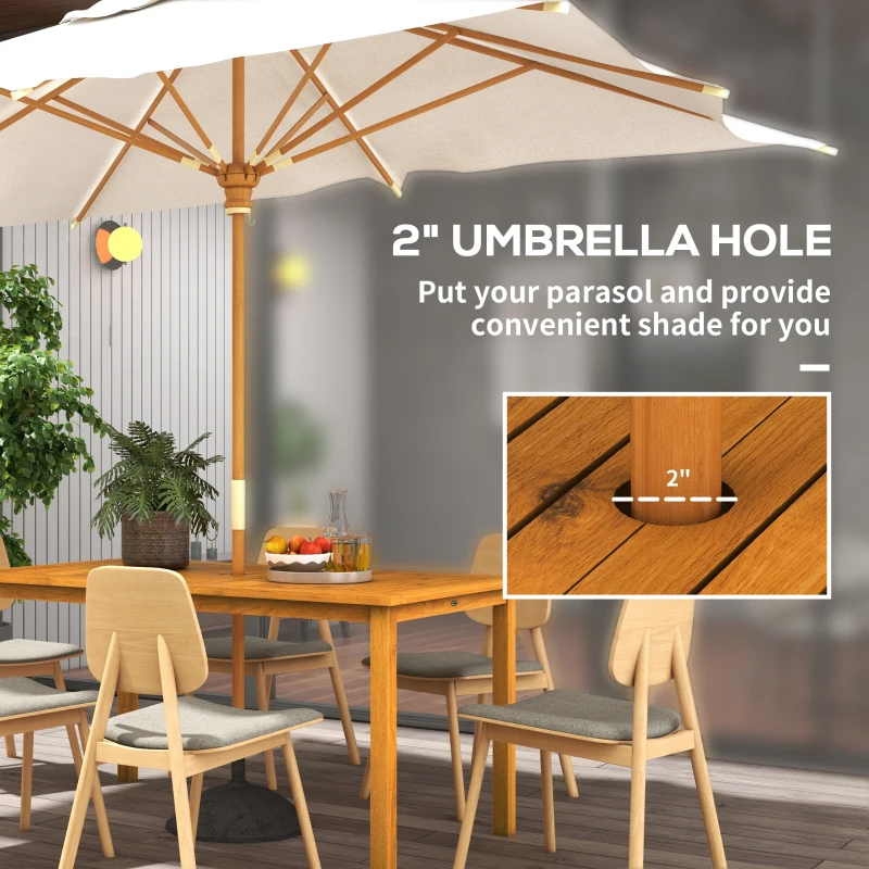 Outsunny Acacia Wood Rectangle Patio Table for 6 People with Umbrella Hole for Backyard and Garden, Natural Wood