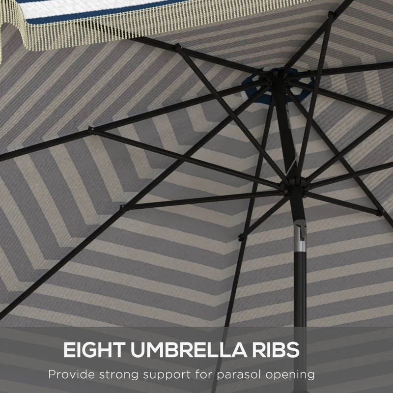 Outsunny 9ft Patio Umbrella Outdoor Table Umbrella w/ Tilt, Crank, Ruffled, 8 Ribs for Garden, Deck, Pool, Blue Stripe