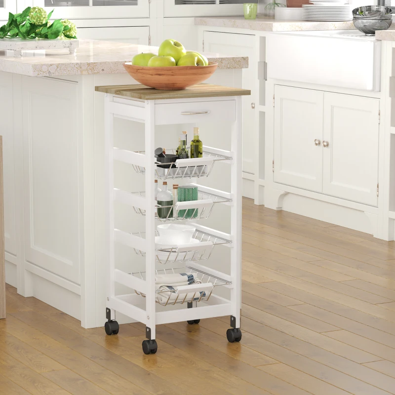 HOMCOM Mobile Kitchen Cart, Rolling Kitchen Island with Storage, Solid Wood Frame Utility Cart with Wire Fruit Baskets and Drawer, White
