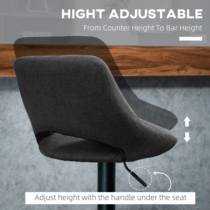 HOMCOM Swivel Bar Stools Set of 2, Linen Upholstered Counter Height Barstools with Round Metal Base