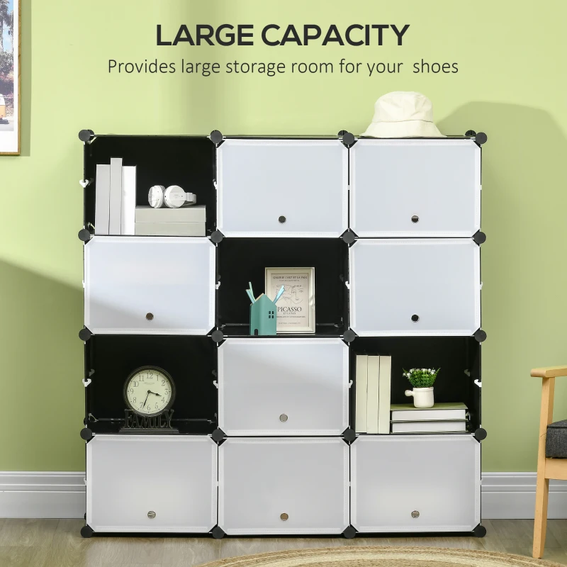 HOMCOM Cube Storage Organizer, 12-Cube Closet Organizer, DIY Modular Storage Cubes, Plastic Bookshelf with Doors for Living Room and Home Office
