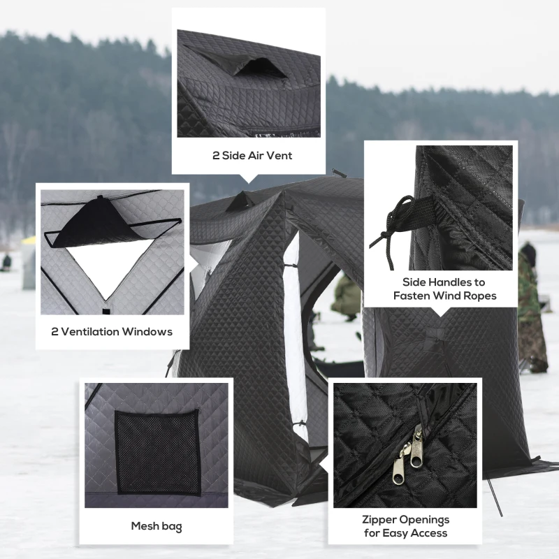 Outsunny 2 Person Ice Fishing Shelter, Pop-up Ice Fishing Tent, Ice Shanty, Portable and Insulated, with 2 Doors and Carrying Bag, Black