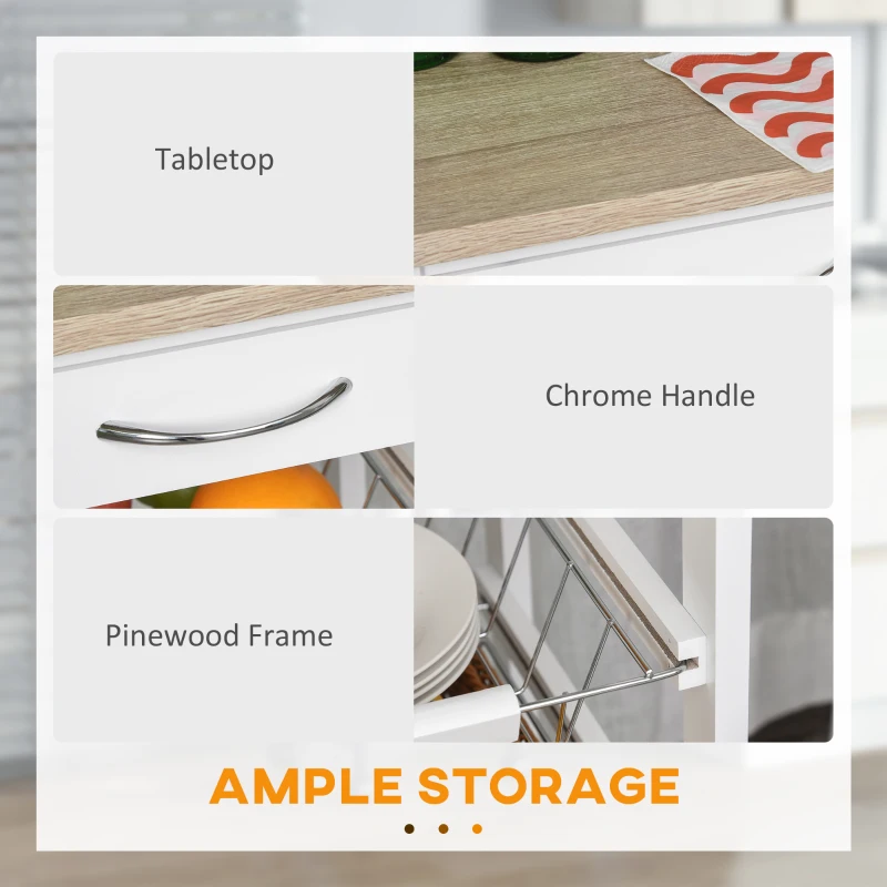 HOMCOM Mobile Kitchen Cart, Rolling Kitchen Island with Storage, Solid Wood Frame Utility Cart with Wire Fruit Baskets and Drawer, White