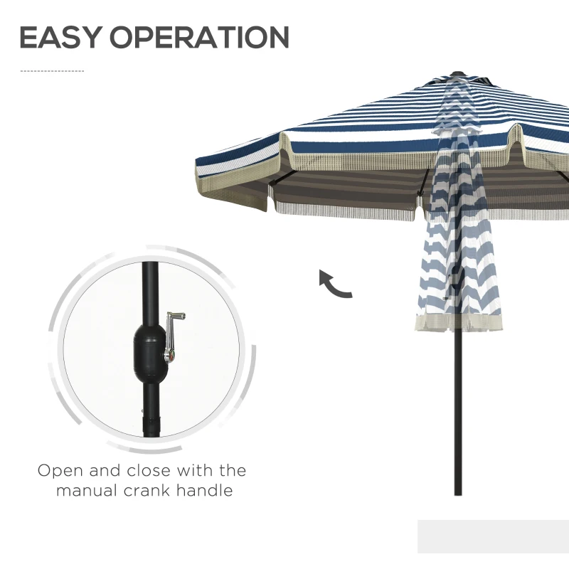 Outsunny 9ft Patio Umbrella Outdoor Table Umbrella w/ Tilt, Crank, Ruffled, 8 Ribs for Garden, Deck, Pool, Blue Stripe