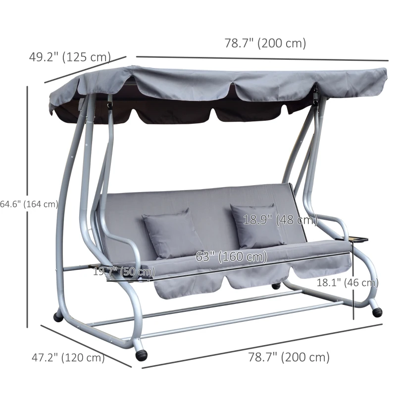 Outsunny 3-Seat Outdoor Patio Swing Chair, Converting Flat Bed, Canopy Swing with Adjustable Shade, Removable Cushions, Cup Holder, Grey