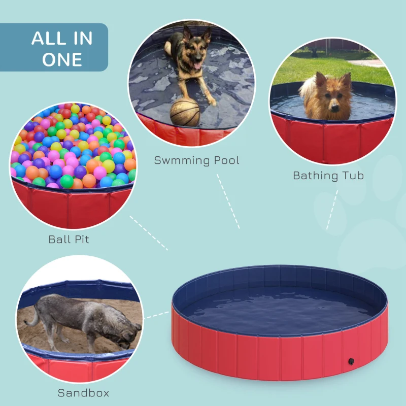 PawHut Folding Dog Pool Portable Pet Kiddie Swimming Pool, Outdoor/Indoor Puppy Bath Tub with Nonslip Bottom for Dogs & Cats,  (Φ63", Red)
