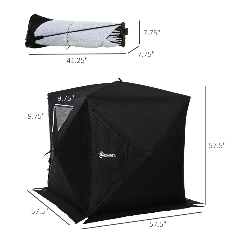 Outsunny 2 Person Ice Fishing Shelter, Pop-up Ice Fishing Tent, Ice Shanty, Portable and Insulated, with 2 Doors and Carrying Bag, Black