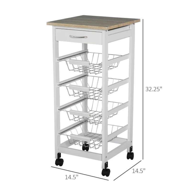 HOMCOM Mobile Kitchen Cart, Rolling Kitchen Island with Storage, Solid Wood Frame Utility Cart with Wire Fruit Baskets and Drawer, White
