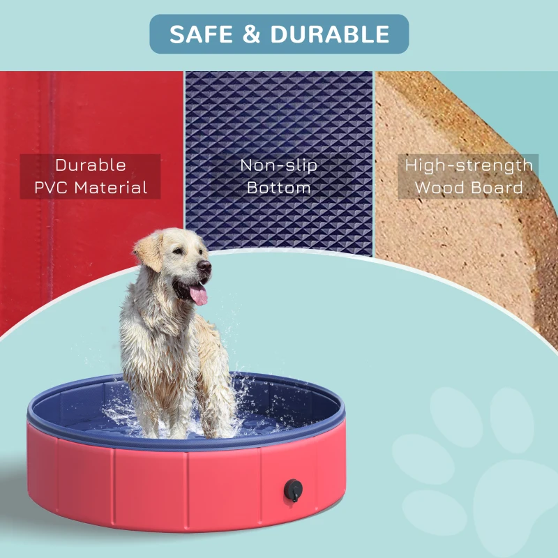 PawHut Folding Dog Pool Portable Pet Kiddie Swimming Pool, Outdoor/Indoor Puppy Bath Tub with Nonslip Bottom for Dogs & Cats,  (Φ32", Red)