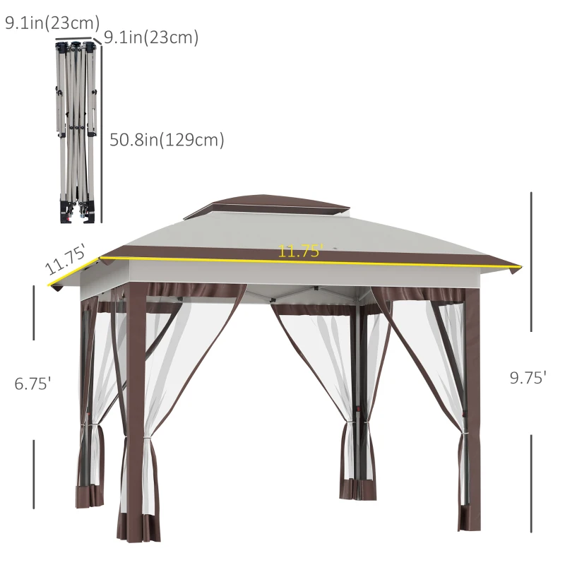 Outsunny 12' x 12' Pop Up Canopy Tent with Netting and Carry Bag, Instant Sun Shelter with 137 sq.ft Shade, Beige and Brown
