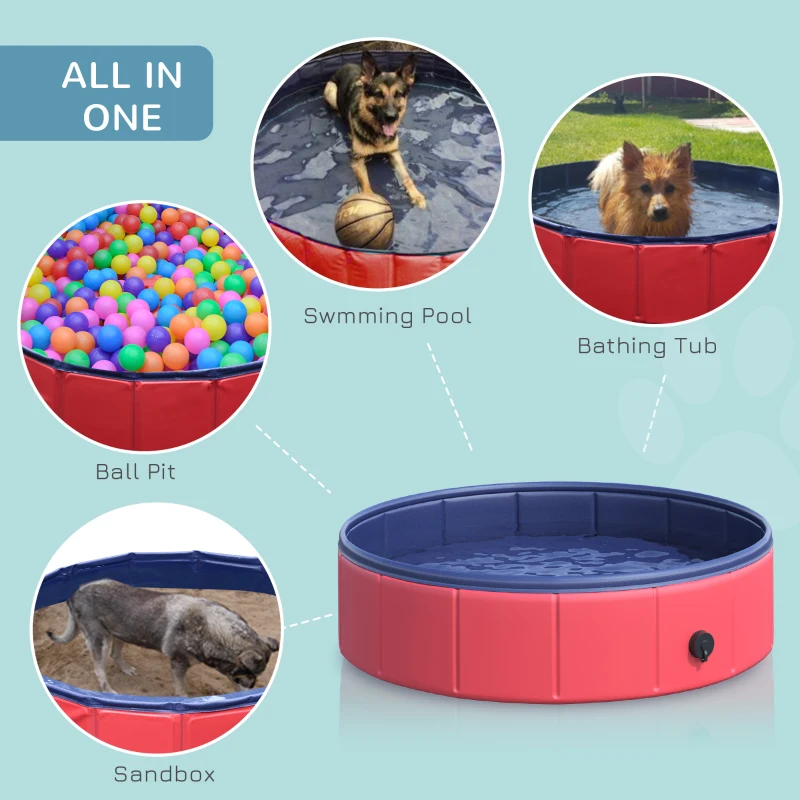 PawHut Folding Dog Pool Portable Pet Kiddie Swimming Pool, Outdoor/Indoor Puppy Bath Tub with Nonslip Bottom for Dogs & Cats,  (Φ32", Red)