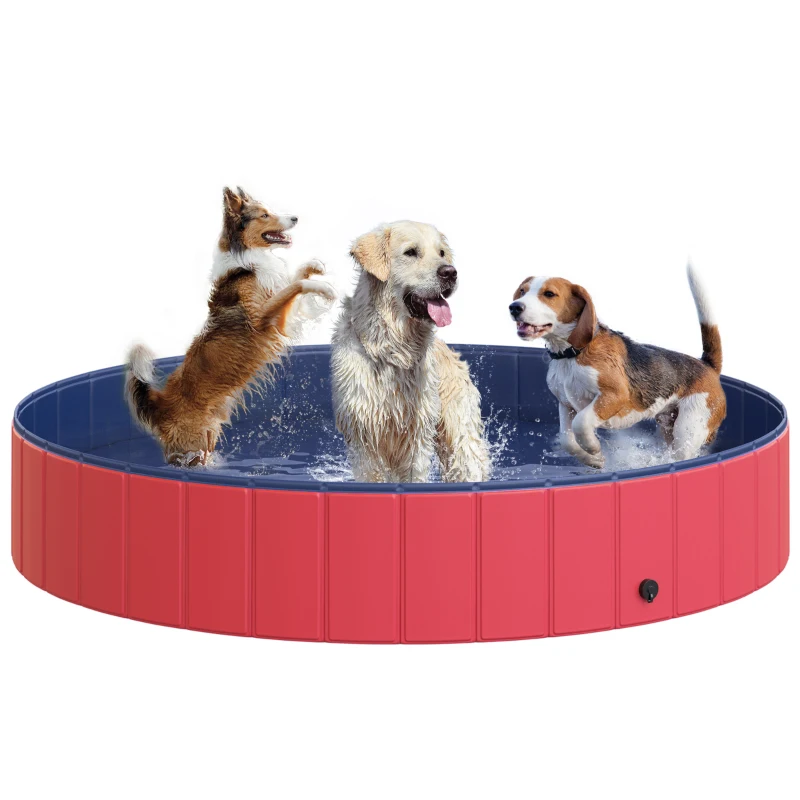 PawHut Folding Dog Pool Portable Pet Kiddie Swimming Pool, Outdoor/Indoor Puppy Bath Tub with Nonslip Bottom for Dogs & Cats,  (Φ63", Red)