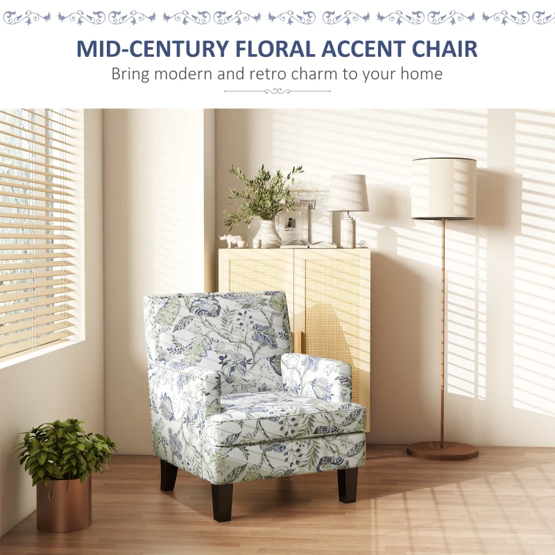 HOMCOM Upholstered Armchair, Mid-Century Accent Chair with Floral Pattern, Nailhead Trim for Living Room, Bedroom, Multicolour