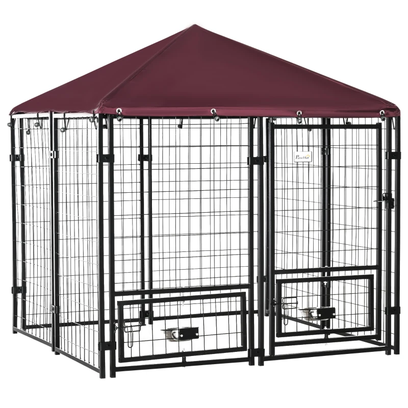 PawHut Outdoor Dog Kennel, Lockable Pet Playpen Crate, Welded Wire Steel Fence, Rotating Bowl Holders, Red