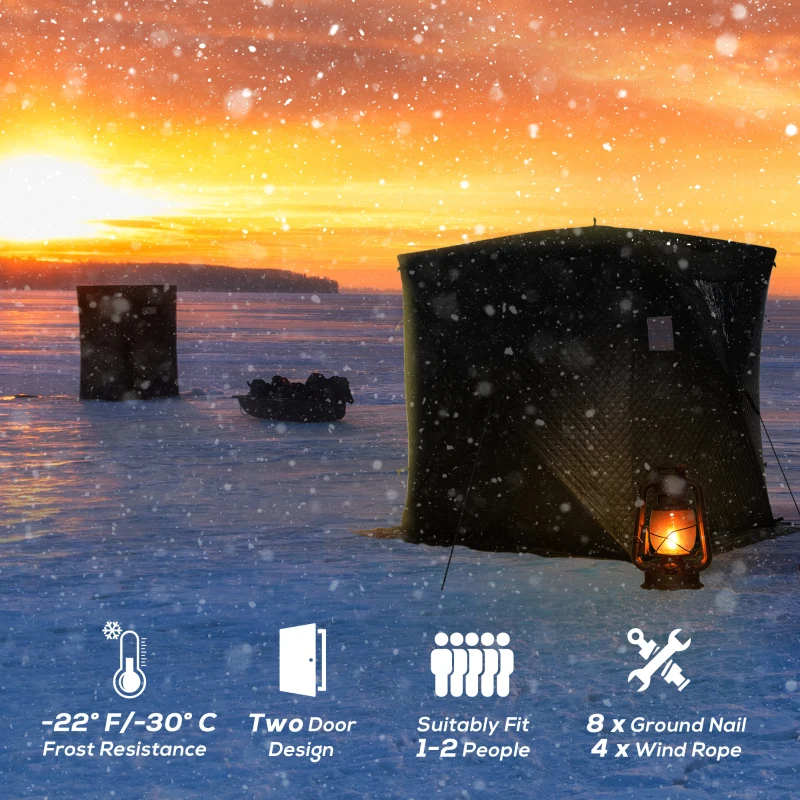 Outsunny 2 Person Ice Fishing Shelter, Pop-up Ice Fishing Tent, Ice Shanty, Portable and Insulated, with 2 Doors and Carrying Bag, Black