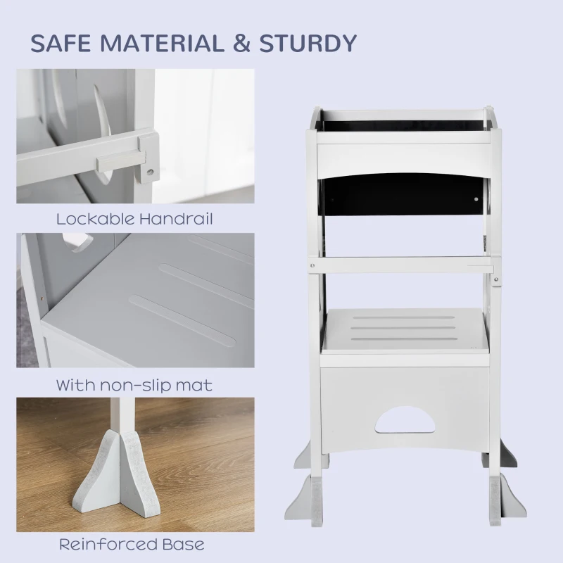 Qaba Kids Step Stool, Foldable Kitchen Helper with Blackboard and Lockable Handrail, for Toddler 3-6 Years Old, Grey