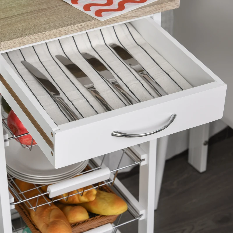 HOMCOM Mobile Kitchen Cart, Rolling Kitchen Island with Storage, Solid Wood Frame Utility Cart with Wire Fruit Baskets and Drawer, White