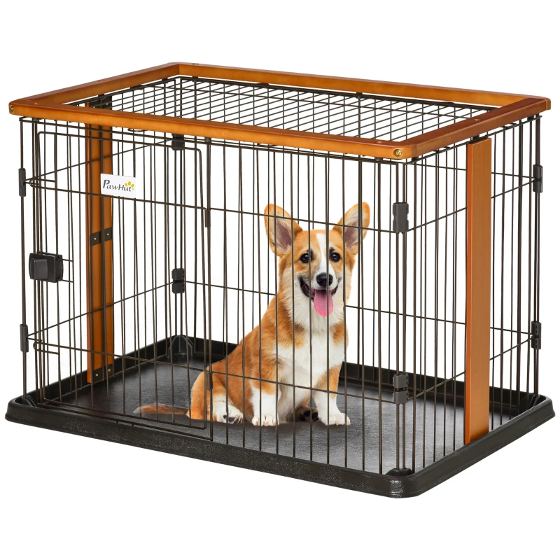 PawHut Steel Dog Crate Cage, Lightweight Puppy Kennel, with Front Door, Secured Latch, No Leak Tray, for Small & Medium Sized Dog, 35" x 22.5" x 23.5"