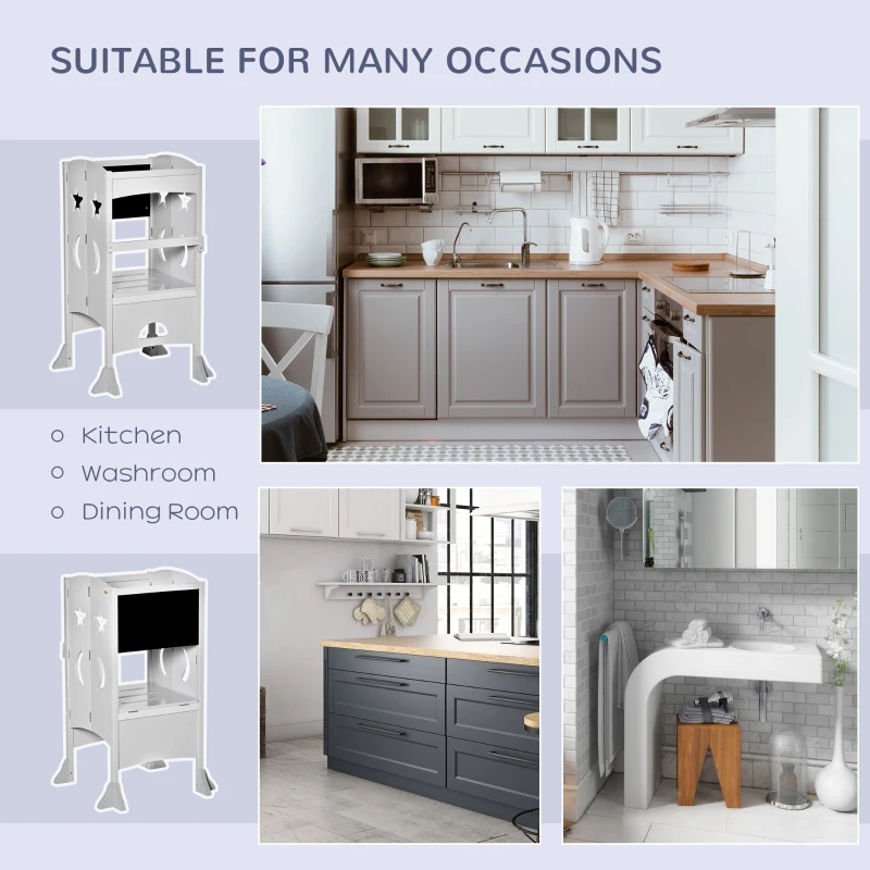 Qaba Kids Step Stool, Foldable Kitchen Helper with Blackboard and Lockable Handrail, for Toddler 3-6 Years Old, Grey