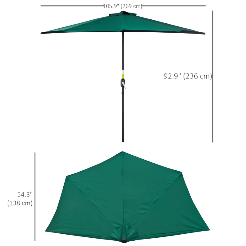 Outsunny 9ft Half Round Umbrella Outdoor Balcony Parasol Patio Garden Outdoor Window Sun Shade w/  5 Ribs Dark Green