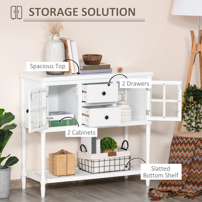 HOMCOM Modern Sideboard Buffet Cabinet, Kitchen Storage Cabinet with 2 Drawers, Bottom Shelf, Glass Doors, White