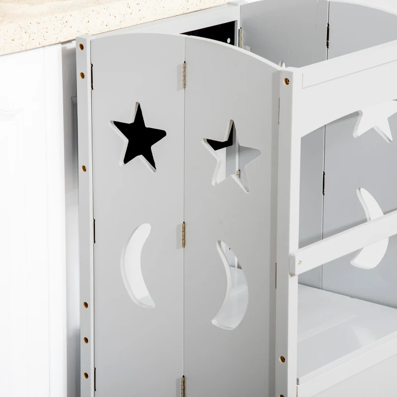 Qaba Kids Step Stool, Foldable Kitchen Helper with Blackboard and Lockable Handrail, for Toddler 3-6 Years Old, Grey