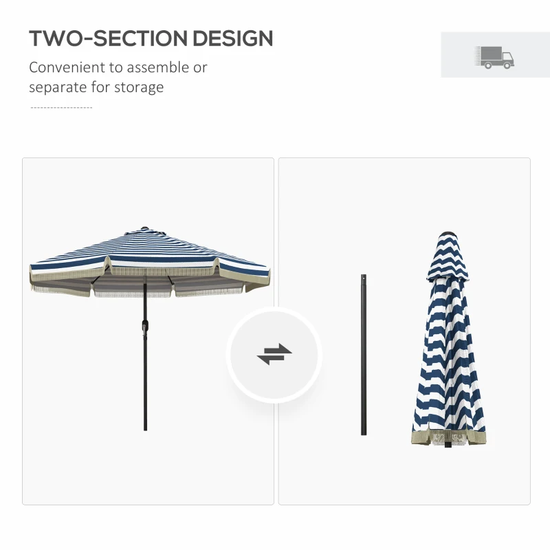 Outsunny 9ft Patio Umbrella Outdoor Table Umbrella w/ Tilt, Crank, Ruffled, 8 Ribs for Garden, Deck, Pool, Blue Stripe