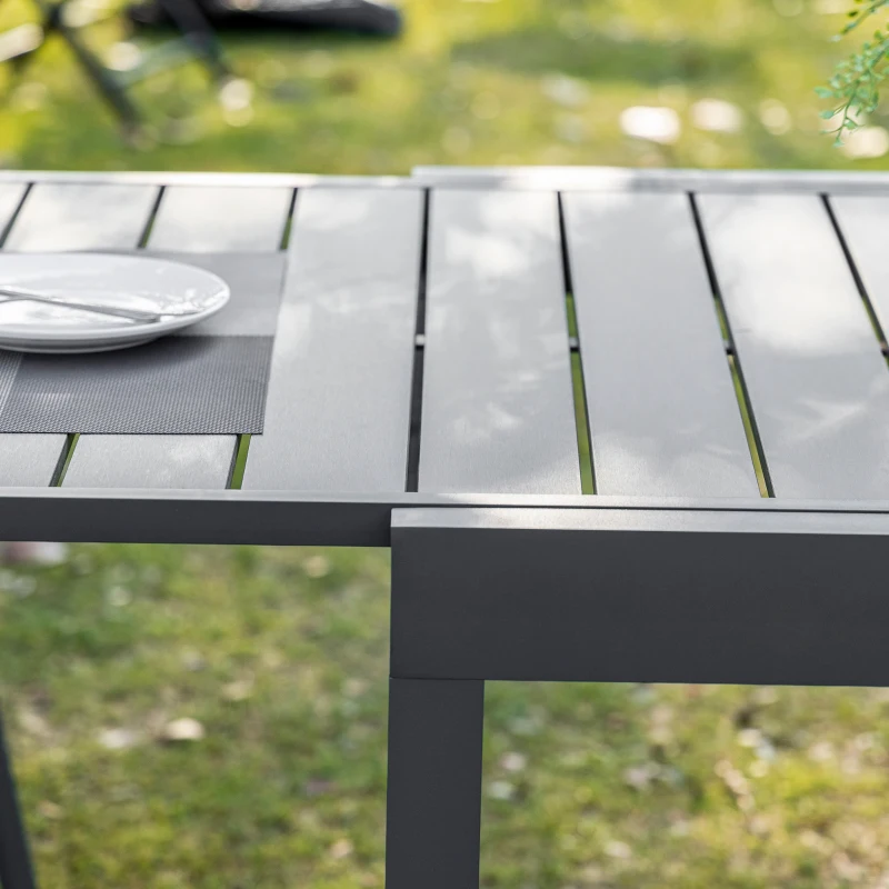 Outsunny Extendable Dining Table Metal Outdoor Slat Table for 4-6 Person Rectangular Lawn Garden Bistro Patio Table with Aluminum Frame, Grey