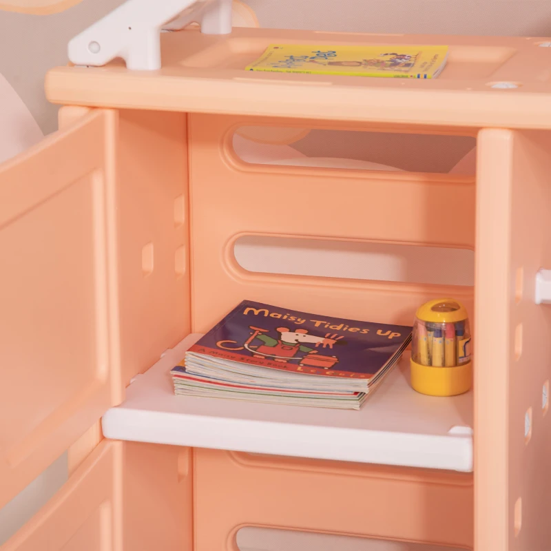 Qaba Kids Toy Organizer and Storage Book Shelf with shelf, Storage Cabinet, Hanger, Storage Board, and Storage Basket, Orange