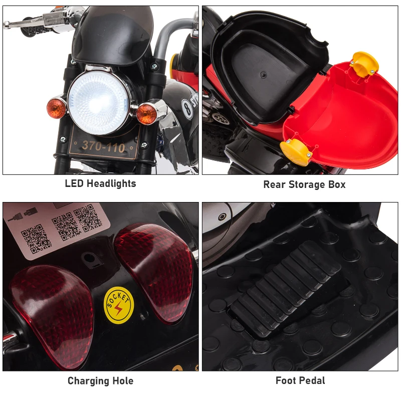 Aosom 6V Kids Electric Motorcycle Ride On Toy Battery Powered with Light Music MP3 3-Wheel Storage Box Ages 18 months - 5 years, Black