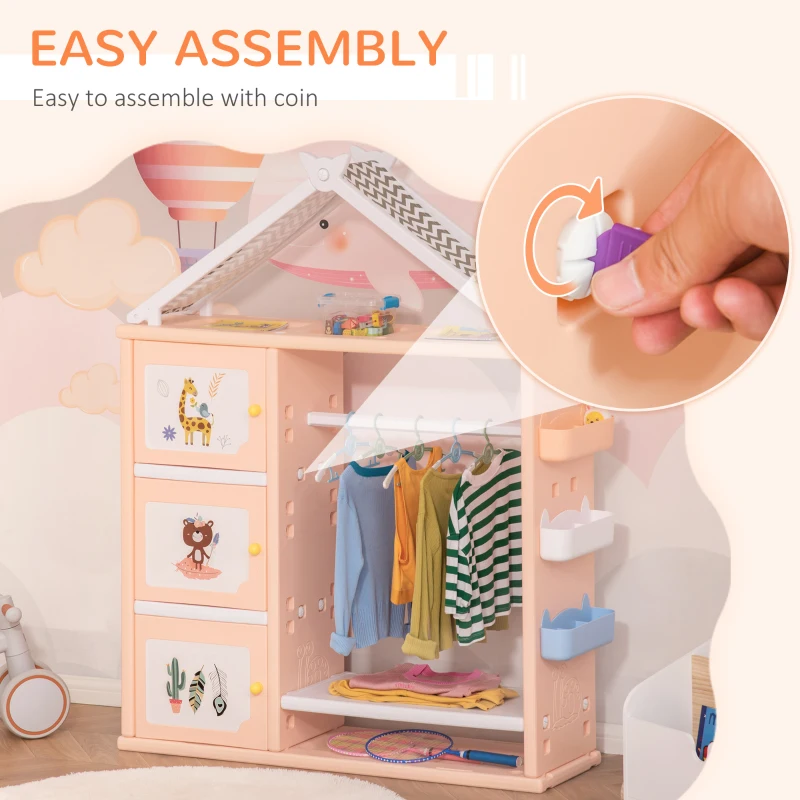 Qaba Kids Toy Organizer and Storage Book Shelf with shelf, Storage Cabinet, Hanger, Storage Board, and Storage Basket, Orange