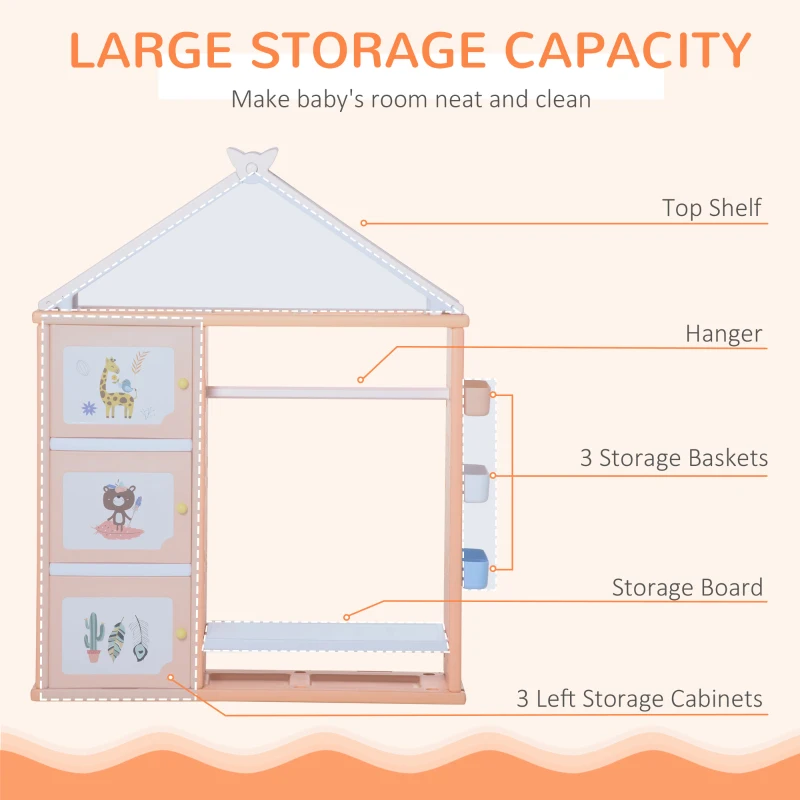 Qaba Kids Toy Organizer and Storage Book Shelf with shelf, Storage Cabinet, Hanger, Storage Board, and Storage Basket, Orange