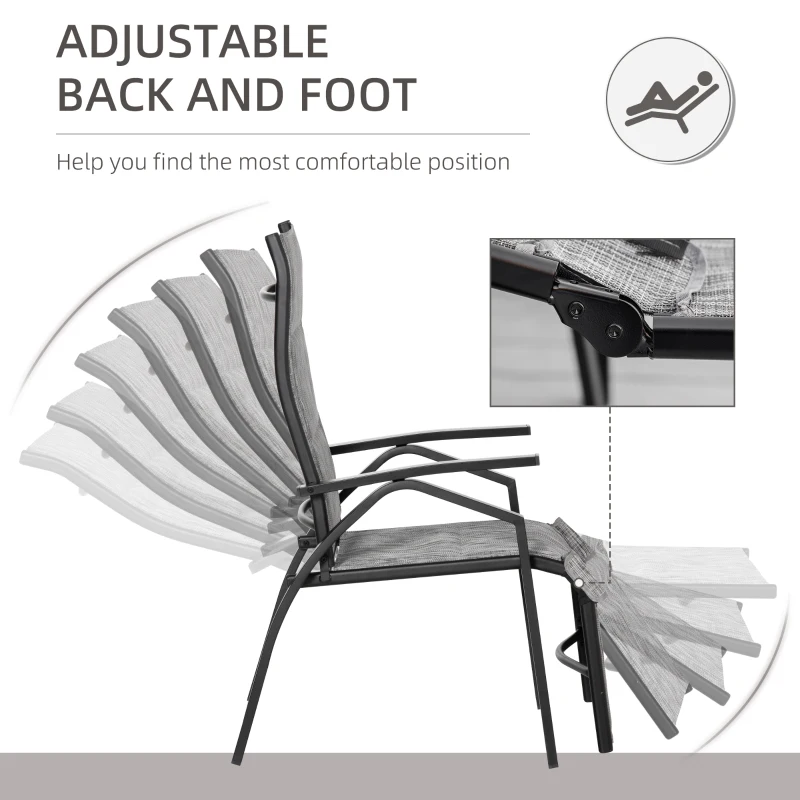 Outsunny Lounger Chair Set of 3 with 7-Level Adjustable Backrest, 5-Level Adjustable Footrest, Patio Chaise Lounge with Glass Top Side Table, Grey