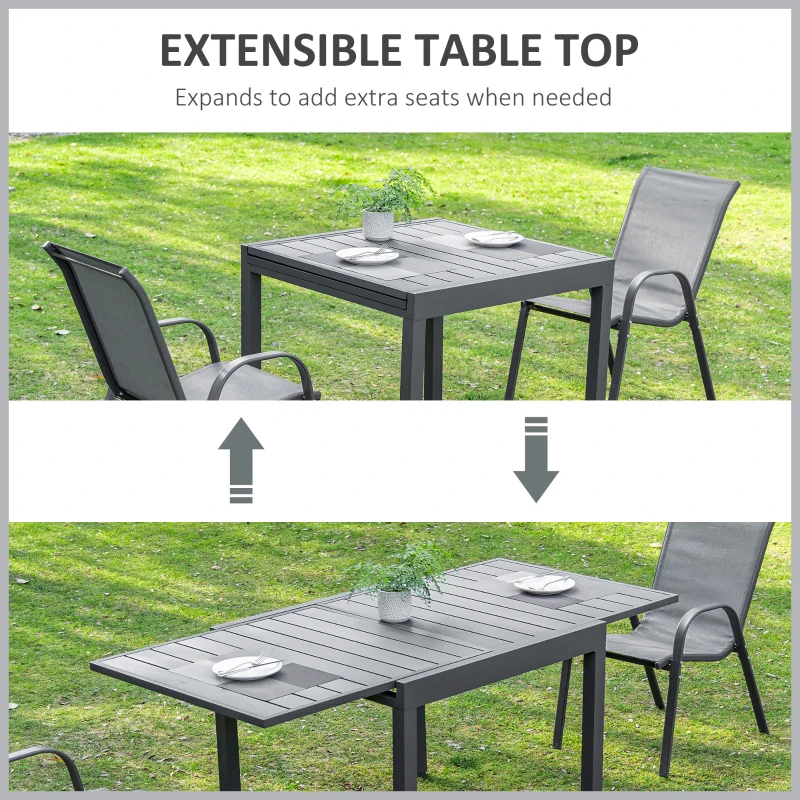 Outsunny Extendable Dining Table Metal Outdoor Slat Table for 4-6 Person Rectangular Lawn Garden Bistro Patio Table with Aluminum Frame, Grey