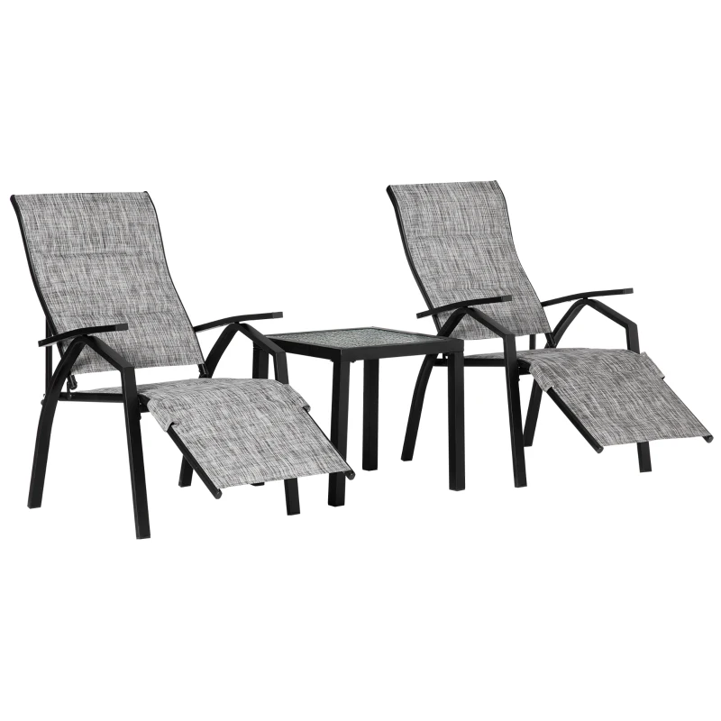 Outsunny Lounger Chair Set of 3 with 7-Level Adjustable Backrest, 5-Level Adjustable Footrest, Patio Chaise Lounge with Glass Top Side Table, Grey