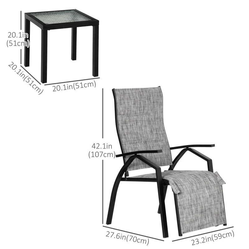 Outsunny Lounger Chair Set of 3 with 7-Level Adjustable Backrest, 5-Level Adjustable Footrest, Patio Chaise Lounge with Glass Top Side Table, Grey