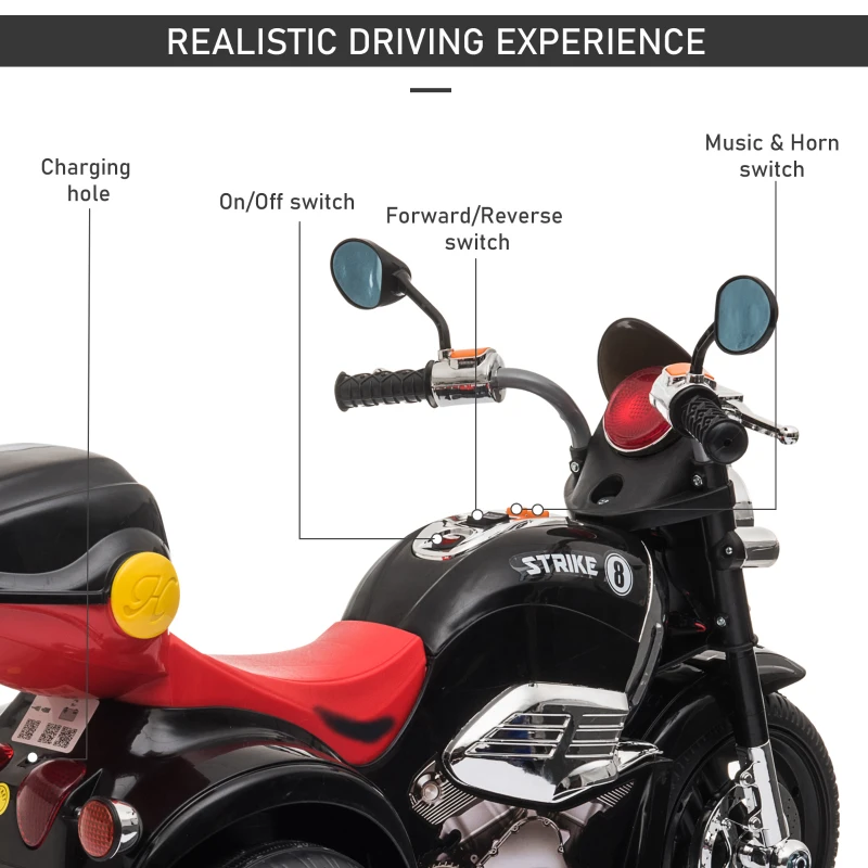 Aosom 6V Kids Electric Motorcycle Ride On Toy Battery Powered with Light Music MP3 3-Wheel Storage Box Ages 18 months - 5 years, Black