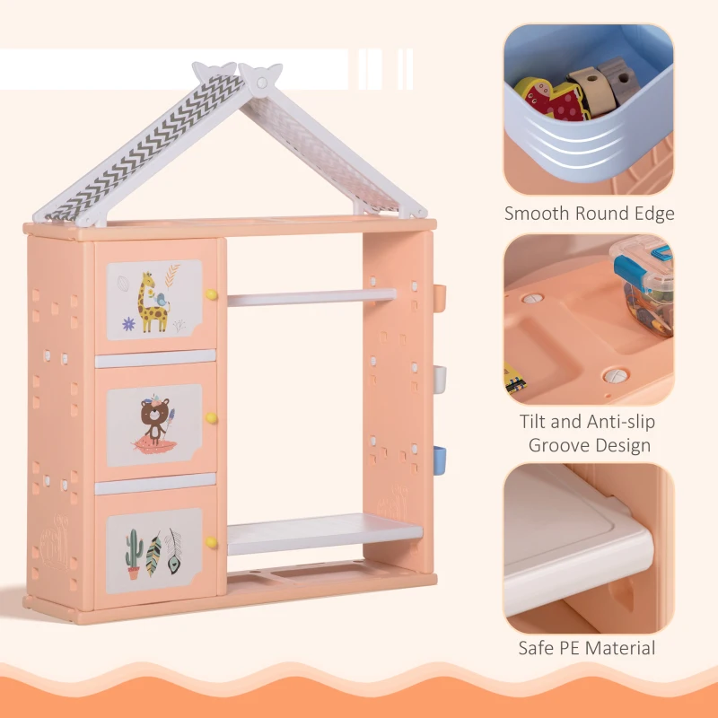 Qaba Kids Toy Organizer and Storage Book Shelf with shelf, Storage Cabinet, Hanger, Storage Board, and Storage Basket, Orange