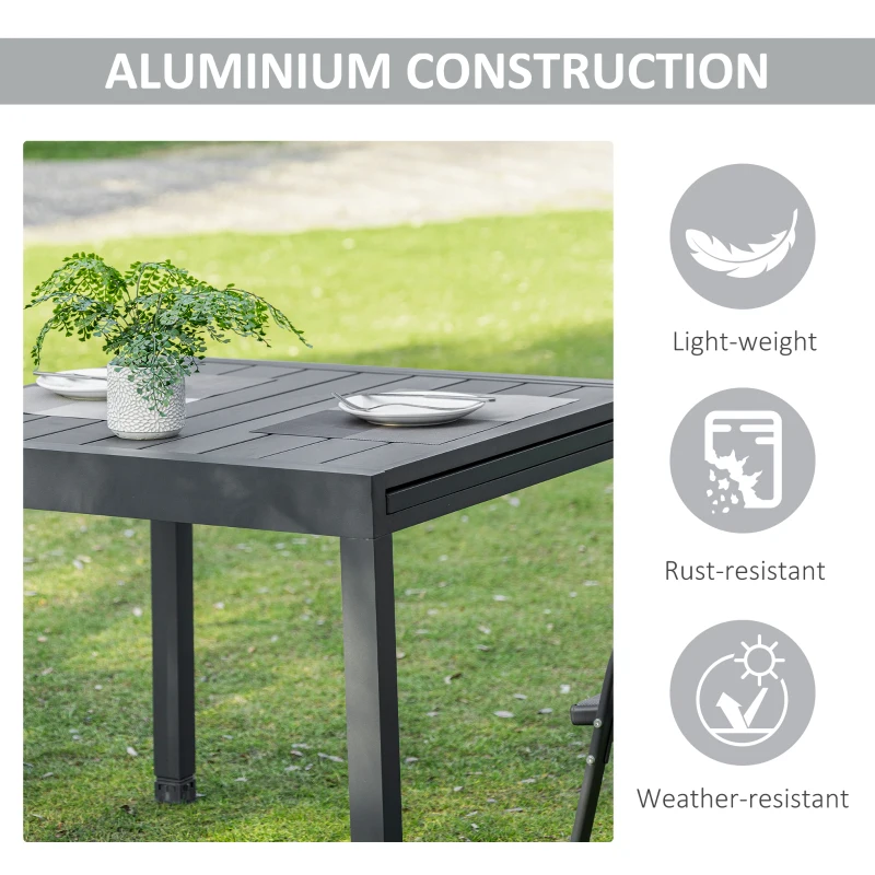 Outsunny Extendable Dining Table Metal Outdoor Slat Table for 4-6 Person Rectangular Lawn Garden Bistro Patio Table with Aluminum Frame, Grey