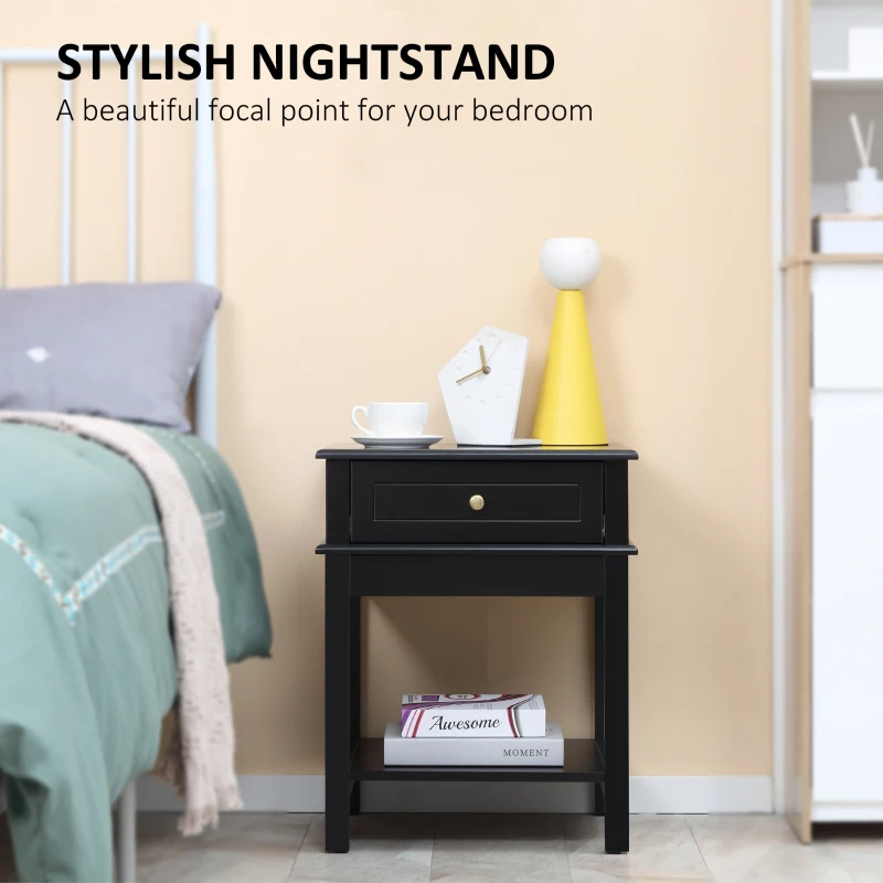 HOMCOM Modern Nightstand, Accent End Side Table with Drawer and Storage Shelf, Bedside Table for Bedroom, Black